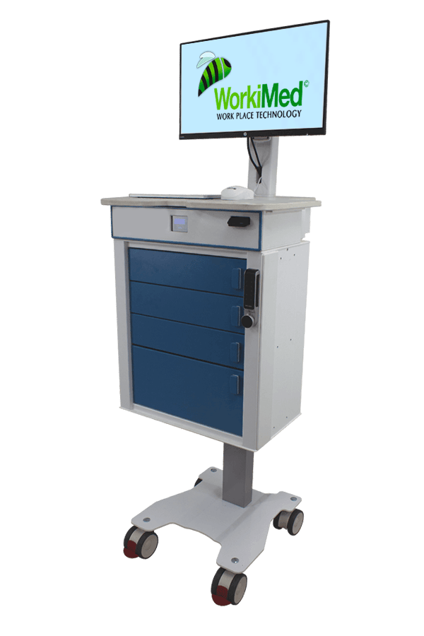 Chariot Médical WorkiMed PC Cart entièrement alimenté motorisé et sécurisé Grande surface avec 5 tiroirs WMC 2-7